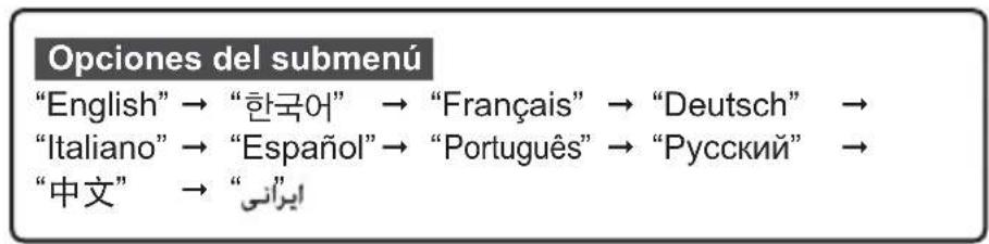 Opciones del submenú "English" → "한국어" → "Français" → "Deutsch" → "Italiano" → "Español" → "Português" → "Русский" → "中文" → "ابرانى"