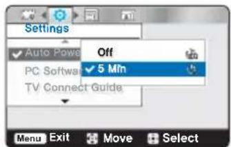 Settings Auto Power Off 5 Min PC Softw TV Connect Guide Menu Exit Move Select