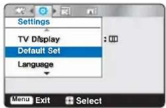 Settings TV Display Default Set Language Menu Exit Select