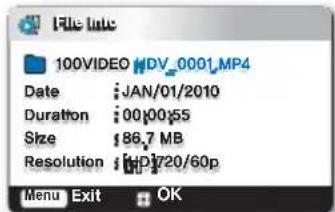 File list 100VIDEO HDV_0001_MP4 Date : JAN/01/2010 Duration : 00:00:55 Size : 86.7 MB Resolution : HDV720/60p Menu Exit OK