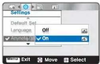 Settings Default Set Language ✓ AnynetUp (ID) Off ✓ On Menu Exit Move Select