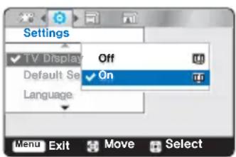 Settings ✓ TV Display Default Se Language Off ✓ On Menu Exit Move Select