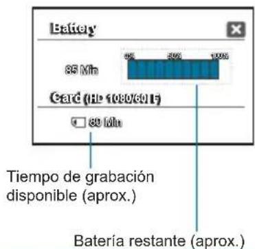 Battery 85 Mh Card (HP: 100/60 L) 80 Mh Tiempo de grabación disponible (aprox.) Batería restante (aprox.)