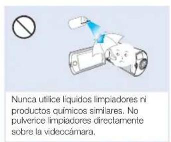 Nunca utilice líquidos limpiadores ni productos químicos similares. No pulverice limpiadores directamente sobre la videocámara.