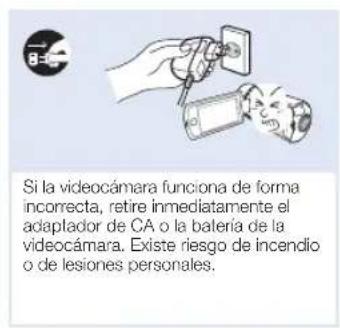 Si la videocámara funciona de forma incorrecta, retire inmediatamente el adaptador de CA o la batería de la videocámara. Existe riesgo de incendio o de lesiones personales.