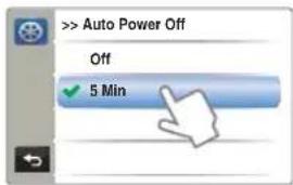 > Auto Power Off Off ✓ 5 Min