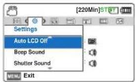 Settings Auto LCD Off Boep Sound Shutter Sound [220Min]STBY MENU Exit