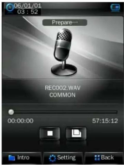 06/01/01 03:52 Prepare... REC002.WAV COMMON 00:00:00 57:15:12 Intro Setting Back