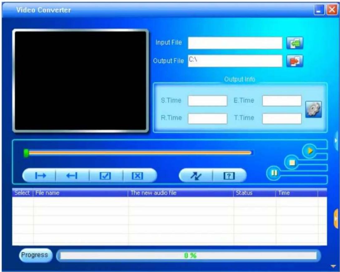 Video Converter Input File Output File C:\ Output Info S.Time E.Time R.Time T.Time Select File name The new audio file Status Time Progress 0%