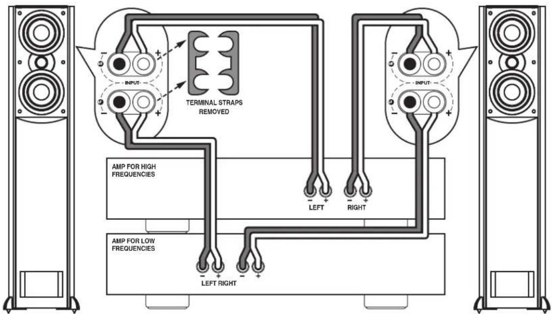 TERMINAL STRAPS REMOVED AMP FOR HIGH FREQUENCIES LEFT RIGHT AMP FOR LOW FREQUENCIES LEFT RIGHT