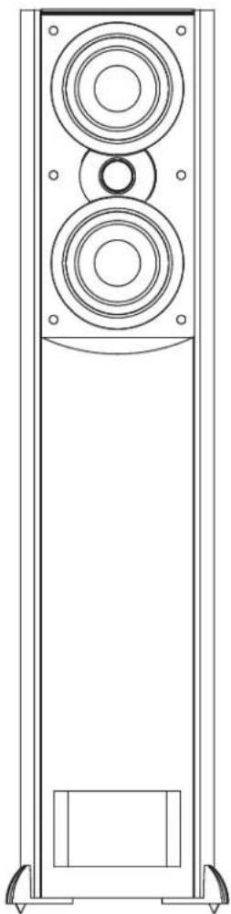 Line drawing of a multi-tiered speaker tower with two circular speakers and mounting feet (no text or symbols)