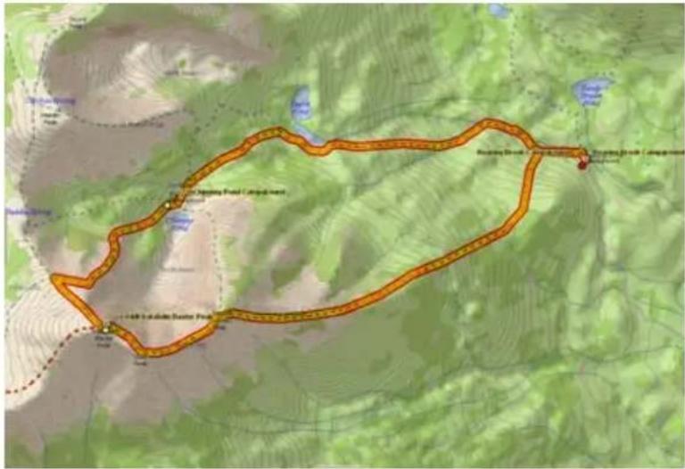 Map showing a route from a mountainous area to a rural settlement, with labeled locations and terrain features.