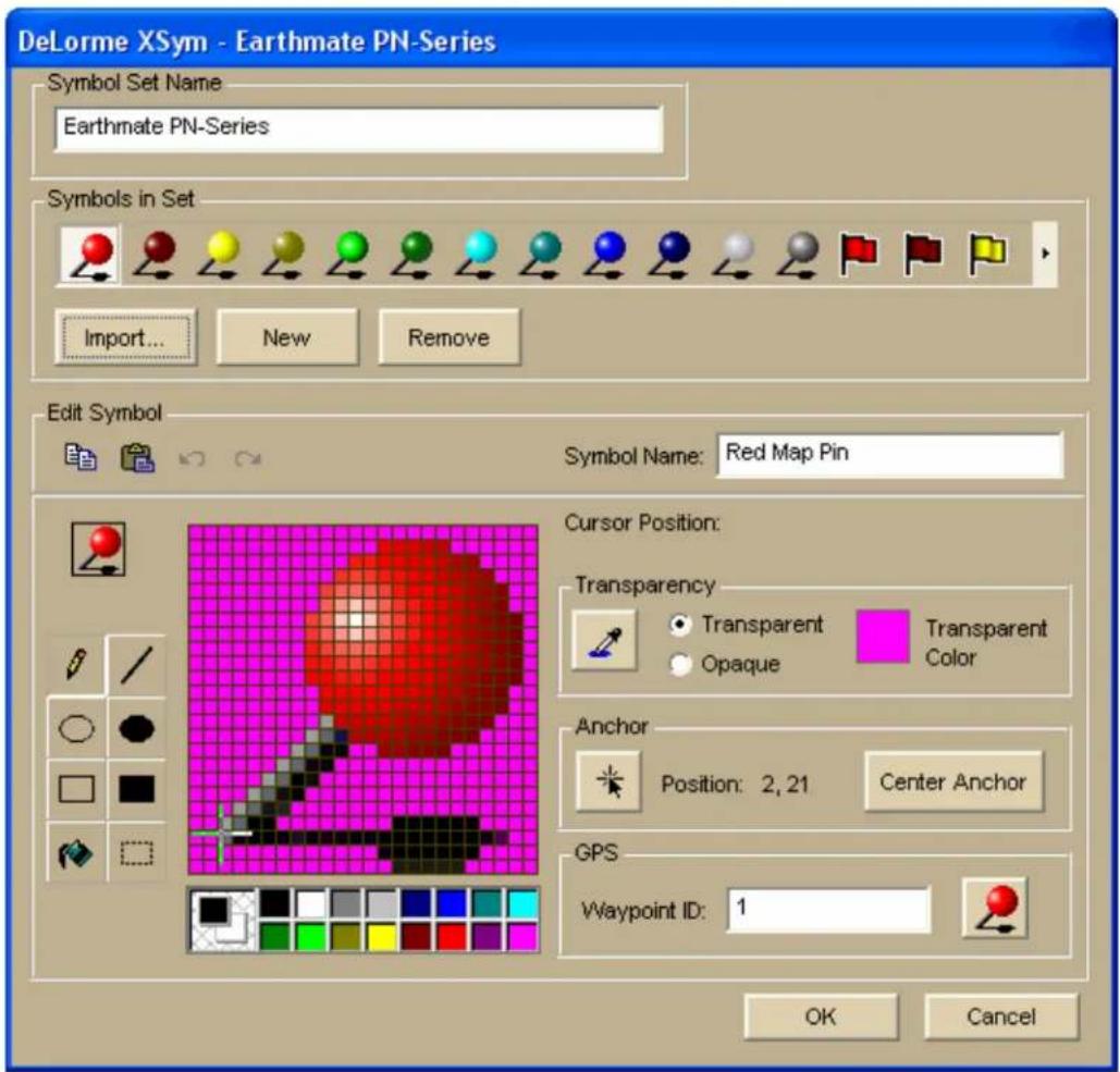 DeLorme XSym - Earthmate PN-Series Symbol Set Name Earthmate PN-Series Symbols in Set Import... New Remove Edit Symbol Symbol Name: Red Map Pin Cursor Position: Transparency Transparent Transparent Opaque Color Anchor Position: 2,21 Center Anchor GPS Waypoint ID: 1 OK Cancel