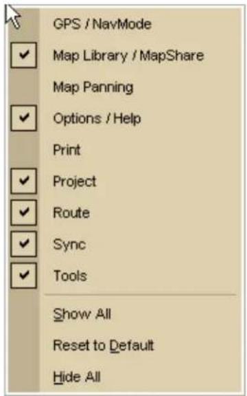 GPS / NavMode Map Library / MapShare Map Panning Options / Help Print Project Route Sync Tools Show All Reset to Default Hide All
