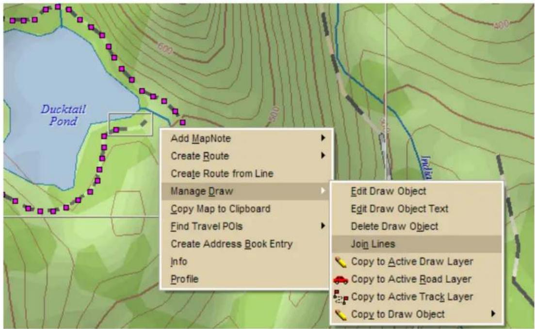 Add MapNote Create Route Create Route from Line Manage Draw Copy Map to Clipboard Find Travel POIs Create Address Book Entry Info Profile Edit Draw Object Edit Draw Object Text Delete Draw Object Join Lines Copy to Active Draw Layer Copy to Active Road Layer Copy to Active Track Layer Copy to Draw Object