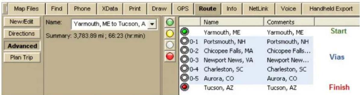 Map Files Find Phone XData Print Draw GPS Route Info NetLink Voice Handheld Export New/Edit Directions Advanced Plan Trip Name: Yarmouth, ME to Tucson, A Summary: 3,783.89 mi ; 66:23 (hr:min) Name Yarmouth, ME Yarmouth, ME Start 0-1 Portsmouth, NH Portsmouth, NH 0-2 Chicopee Falls, MA Chicopee Falls... 0-3 Newport News, VA Newport New... 0-4 Charleston, SC Charleston, SC 0-5 Aurora, CO Aurora, CO Tucson, AZ Tucson, AZ Finish