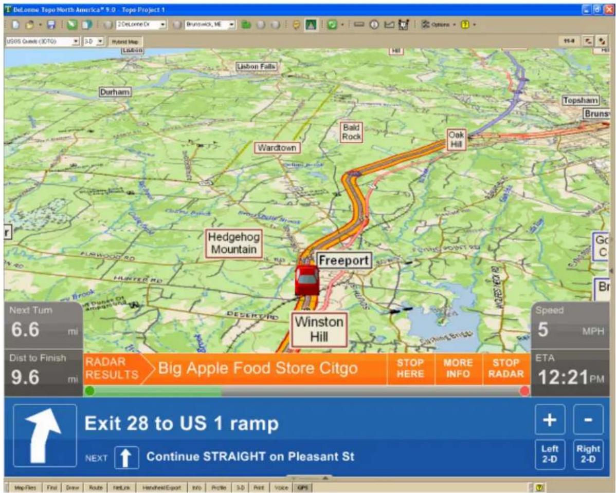 DeLorne Topo North America® 9.0 - Topo Project 1 USGS Canada (COTG) 3-D Hybrid Map Lisbon Falls Durham Bald Rock Oak Hill Topsham Bruns Hedgehog Mountain Freeport Winston Hill Next Tum 6.6 mi Dist to Finish 9.6 mi RADAR RESULTS Big Apple Food Store Citgo STOP HERE MORE INFO STOP RADAR Speed 5 MPH ETA 12:21PM Exit 28 to US 1 ramp NEXT Continue STRAIGHT on Pleasant St Map Files Final Draw Route NFLs Handheld Export Info Protie 3-D Print Voice GPS