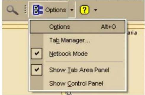 Options Alt+O Tab Manager... ✓ Netbook Mode ✓ Show Tab Area Panel Show Control Panel