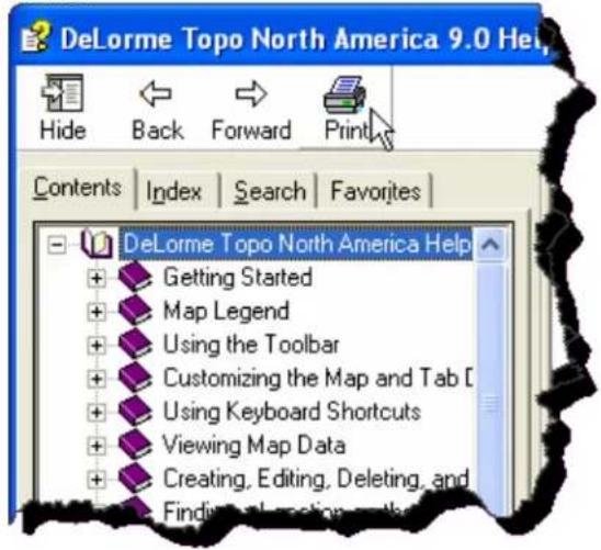 DeLorme Topo North America 9.0 Help Hide Back Forward Print Contents/Index/Search Favorites DeLorme Topo North America Help + Getting Started + Map Legend + Using the Toolbar + Customizing the Map and Tab [ + Using Keyboard Shortcuts + Viewing Map Data + Creating, Editing, Deleting, and + Finding all options etc