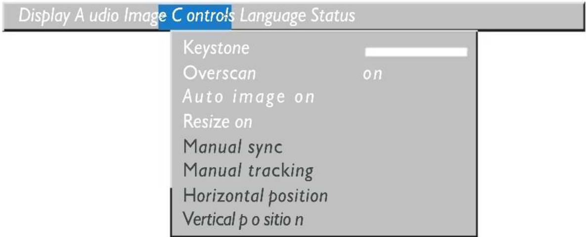 Display A udio Image C ontrols Language Status Keystone Overscan on Auto image on Resize on Manual sync Manual tracking Horizontal position Vertical p o sitio n