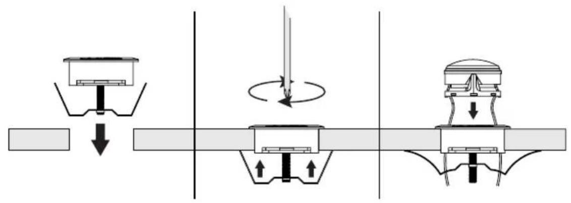 Technical diagram illustrating mechanical assembly steps with labeled components and directional arrows