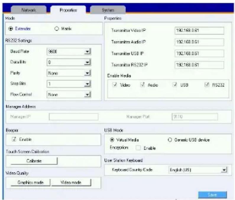 Network Properties System Mode Properties Extender Mode RS232 Settings Baud Rate 9600 Data Bits 9 Parity None Stop Bits 1 Flow Control None Transmitter Video IP 192.168.0.61 Transmitter Audio IP 192.168.0.61 Transmitter USB IP 192.168.0.61 Transmitter RS232 IP 192.168.0.61 Enable Media Video Audio U…