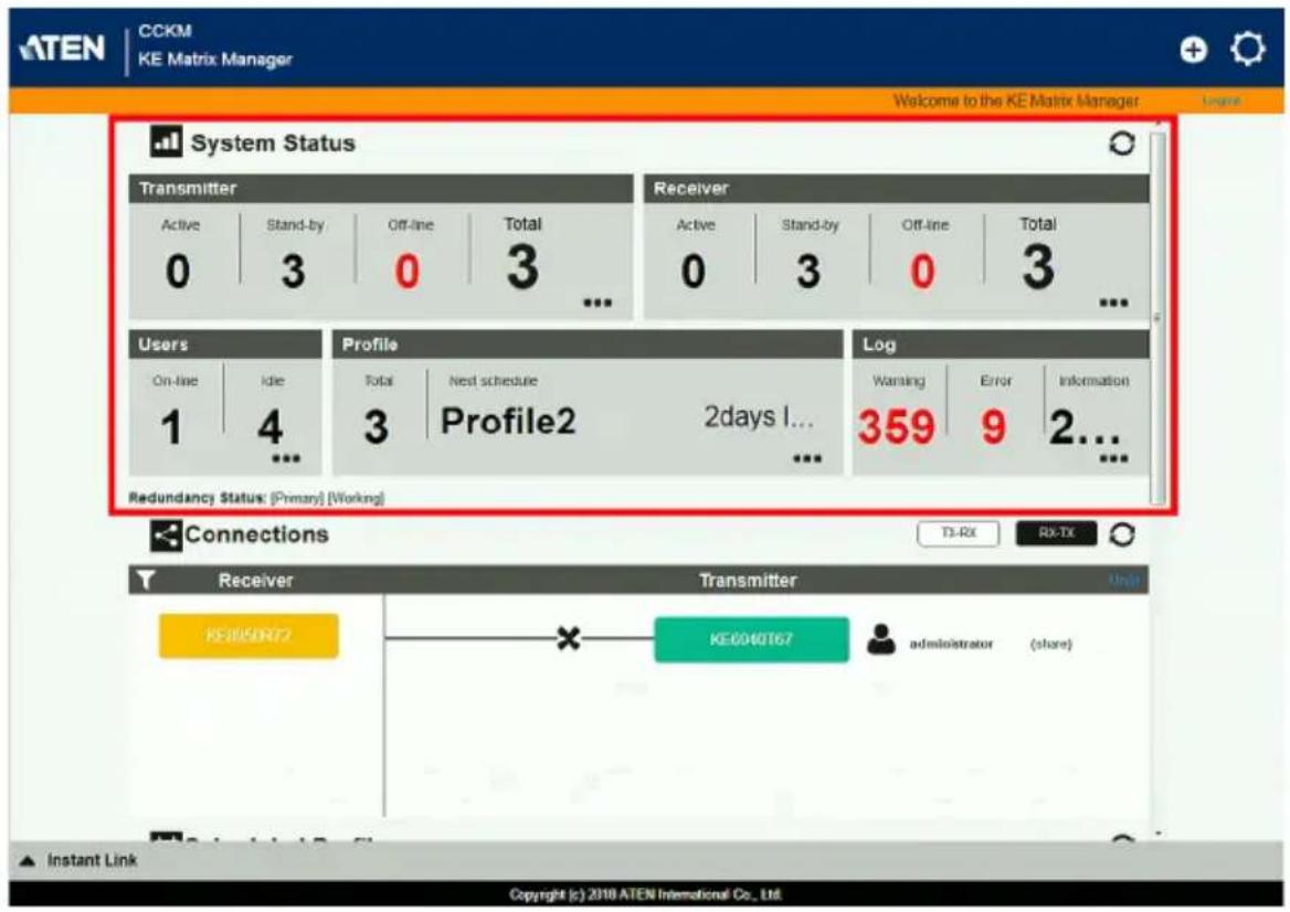 CCKM KE Matrix Manager Welcome to the KE Matrix Manager Login System Status Transmitter Active Stand-by Off-line Total 0 3 0 3 ... Receiver Active Stand-by Off-line Total 0 3 0 3 ... Users Profile Log On-line Idle Total Next schedule 2 days 1... Warning Error Information 1 4 3 Profile2 9 2... Redund…
