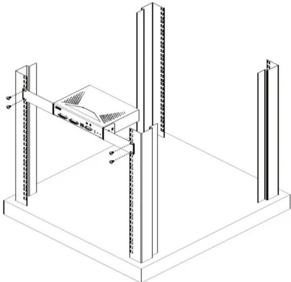 Isometric line drawing of a server rack with vertical supports and a central device (no text or symbols)
