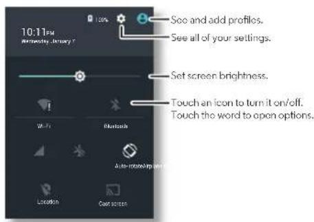 10:11pm Macronetry, January 7 See and add profiles. See all of your settings. Set screen brightness. Touch an icon to turn it on/off. Touch the word to open options. Location Open screen