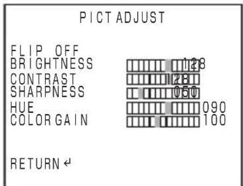 PICT ADJUST FLIP OFF BRIGHTNESS CONTRAST SHARPNESS HUE COLOR GAIN 128 128 050 090 100 RETURN ←