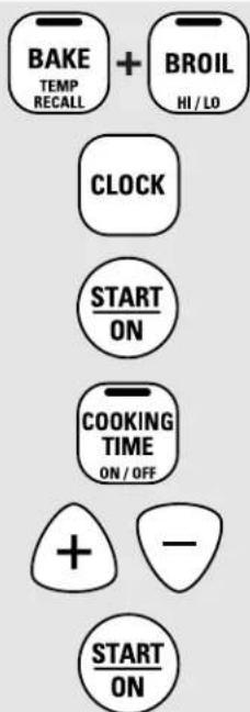 graph TD A["BAKE TEMP RECALL"] --> B["CLOCK"] C["BROIL HI/LO"] --> B D["START ON"] --> E["COOKING TIME ON/OFF"] F["START ON"] --> E G["+"] --> E H["-"] --> E