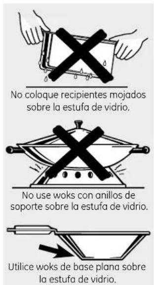 No coloque recipientes mojados sobre la estufa de vidrio. No use woks con anillos de soporte sobre la estufa de vidrio. Utilice woks de base plana sobre la estufa de vidrio.