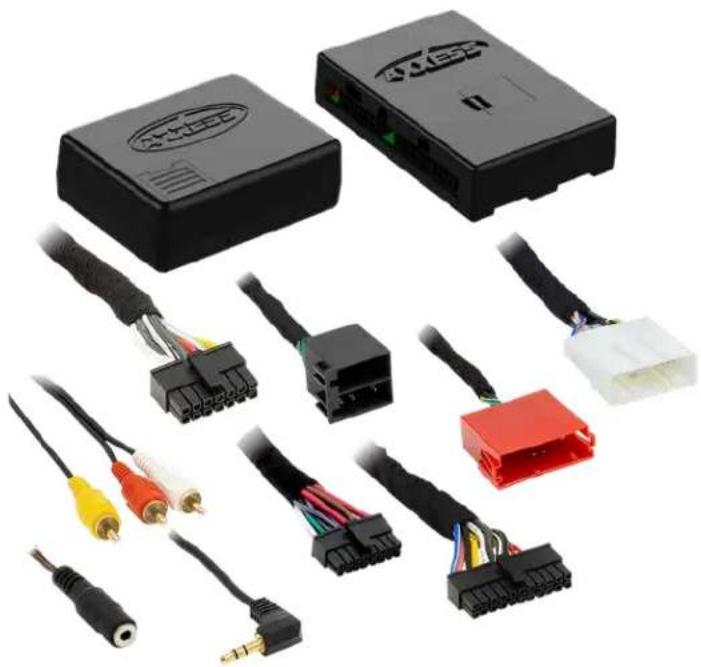 Collection of automotive electronic components including a black and red audio module, various cables, and connectors (no visible text or symbols)