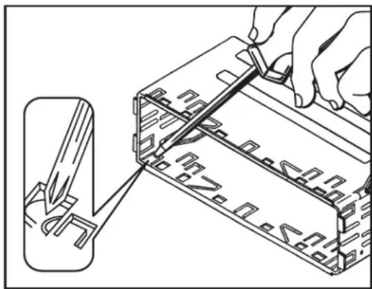 Technical line drawing showing hands using a tool to cut or install a mechanical component (no text or symbols present)