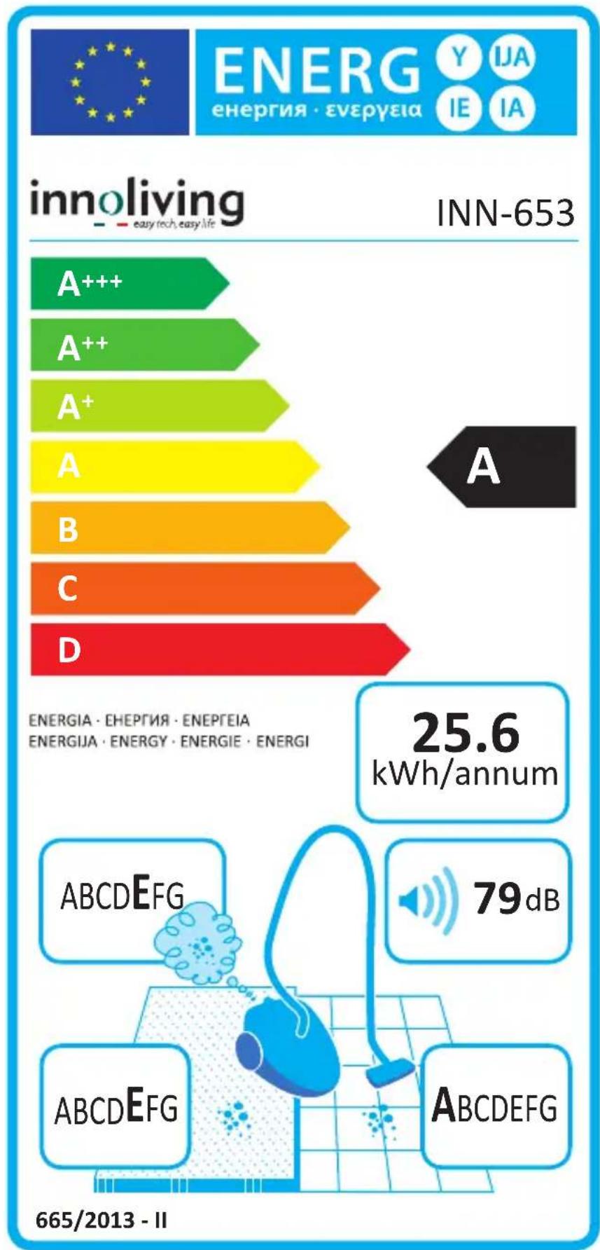 | State | Energy Consumption (kWh/annum) | | :--- | :--- | | A+++ | 25.6 | | A++ | 25.6 | | A+ | 25.6 | | A | 25.6 | | B | 25.6 | | C | 25.6 | | D | 25.6 | | ABCDEFG | 79 dB | | ABCDEFG | 79 dB | INN-653 ENERG Y IJA ENERGIE IE IA 665/2013 - II