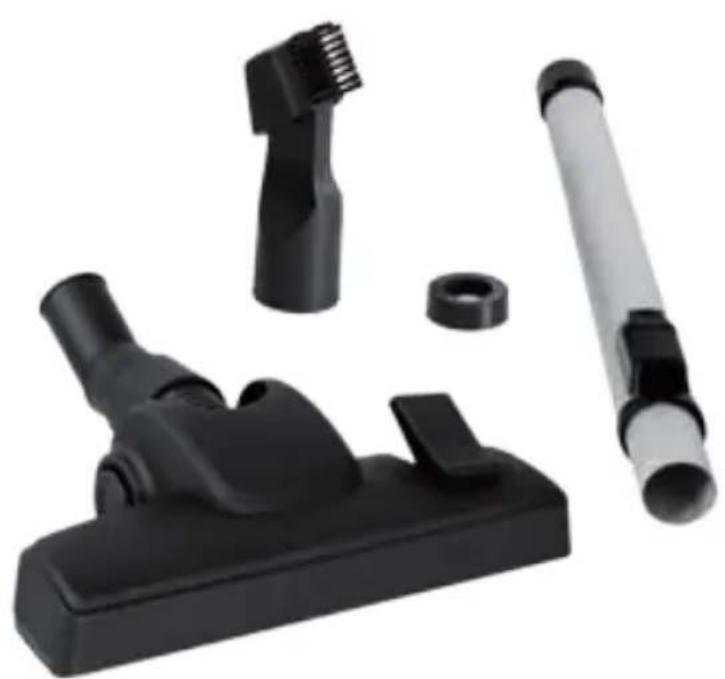 Black vacuum cleaner components including brush, washer, and tube (no text or symbols visible)
