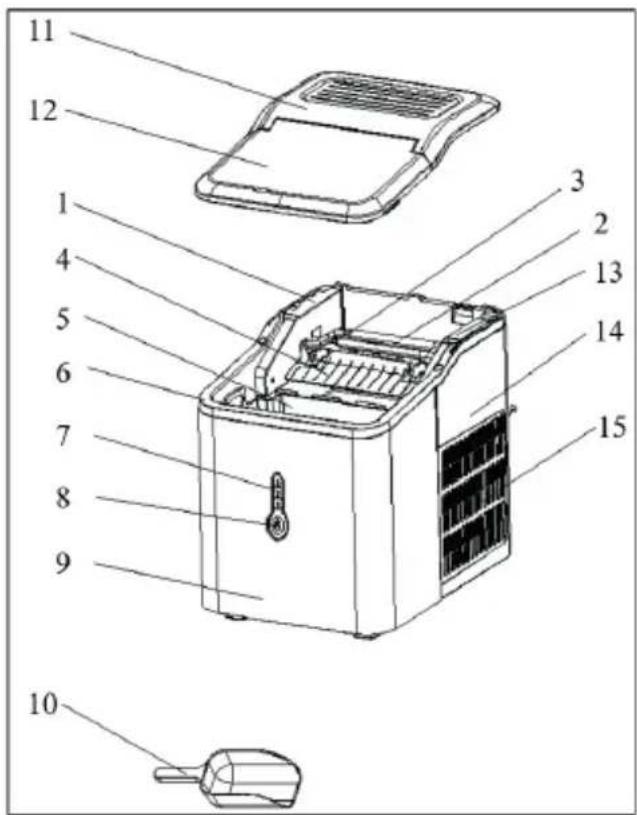 Exploded view diagram of a refrigerator with numbered parts for identification