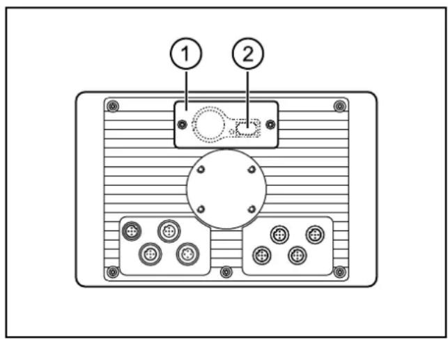 Diagram of a device rear panel with labeled components, showing two numbered parts and internal wiring.