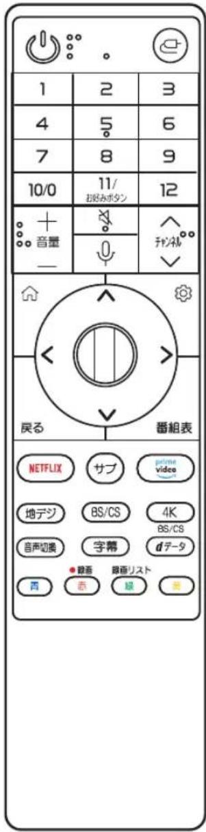 1 2 3 4 5 6 7 8 9 10/0 11/ お好みボタン 12 + 音量 - × ↑ チャンネル ~ ↓ ▽ 戻る 番組表 NETFLIX サブ prime video 地デジ BS/CS 4K BS/CS 音声切录 字幕 dデータ ● 輭香 陸画リスト 西 赤 駿 吉