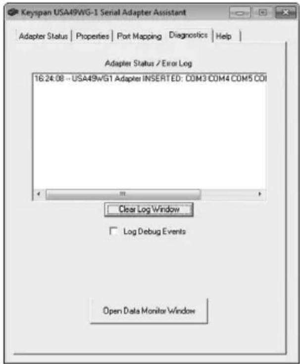 Keyspan USA49WG-1 Serial Adapter Assistant Adapter Status | Properties | Port Mapping | Diagnostics | Help | Adapter Status / Error Log 16:24:08 -- USA49WG1 Adapter INSERTED: COM3 COM4 COM5 COI Clear Log Window Log Debug Events Open Data Monitor Window