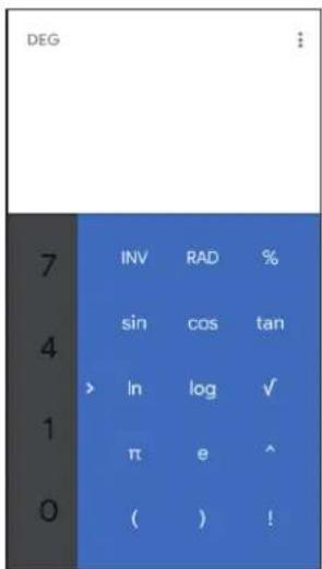 DEG 7 4 1 0 INV RAD % sin cos tan > ln log ✓ π e ^ ( ) !