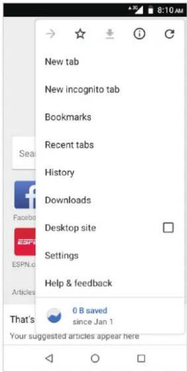 New tab New incognito tab Bookmarks Recent tabs History Downloads Desktop site Settings Help & feedback That's 0 B saved since Jan 1 Your suggested articles appear here