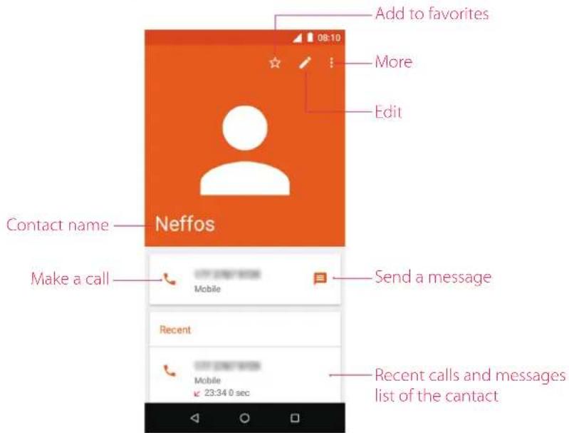 Add to favorites More Edit Contact name Neffos Make a call Send a message Recent Mobile 23:34 0 sec Recent calls and messages list of the contact