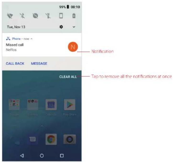 99% 08:10 Tue, Nov 13 Phone - now Missed call Neffos Notification CALL BACK MESSAGE CLEAR ALL Tap to remove all the notifications at once