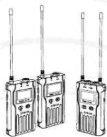 Illustration of three walkiehens with two speakers and four handheld devices (no text or labels visible)