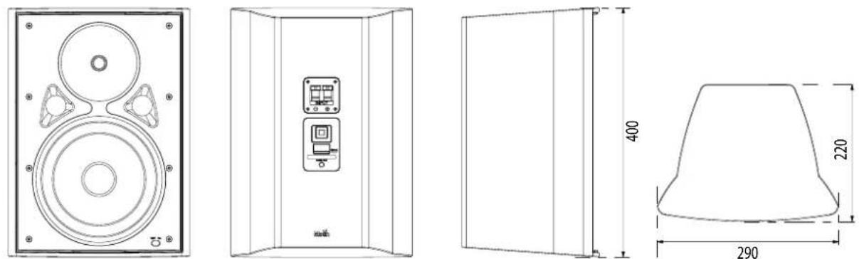 Technical drawing of a speaker enclosure with front, side, and top views with dimensional annotations