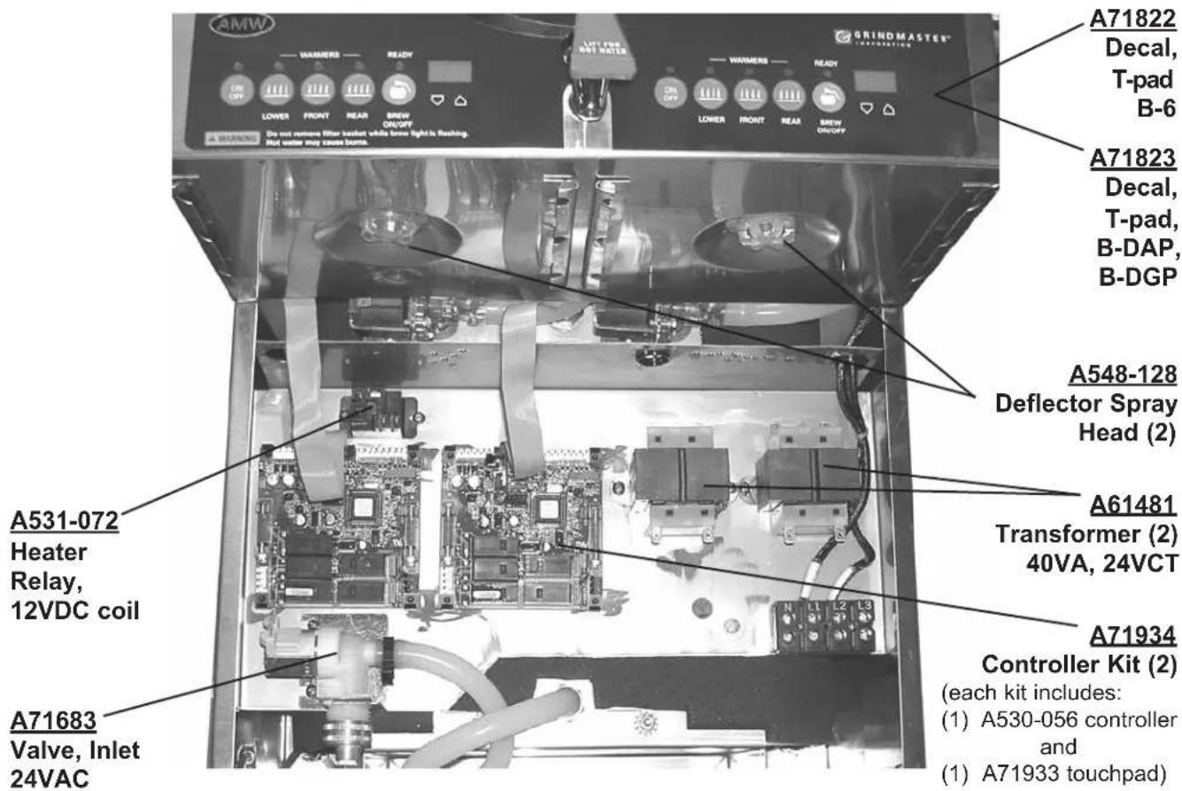 AMW A71822 Decal, T-pad B-6 A71823 Decal, T-pad, B-DAP, B-DGP A548-128 Deflector Spray Head (2) A61481 Transformer (2) 40VA, 24VCT A71934 Controller Kit (2) (each kit includes: (1) A530-056 controller and (1) A71933 touchpad) A531-072 Heater Relay, 12VDC coil A71683 Valve, Inlet 24VAC