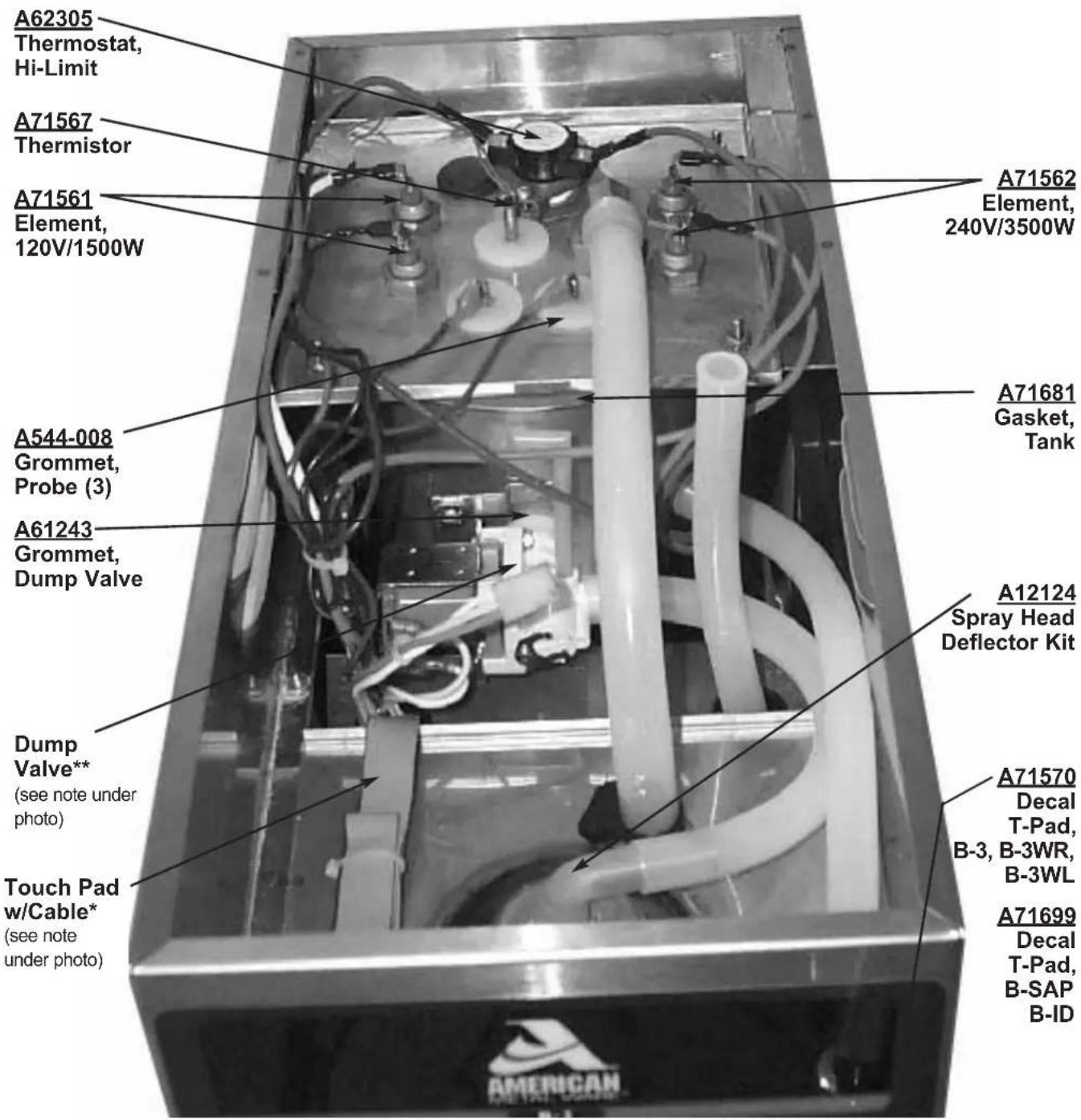 A62305 Thermostat, Hi-Limit A71567 Thermistor A71561 Element, 120V/1500W A71562 Element, 240V/3500W A544-008 Grommet, Probe (3) A61243 Grommet, Dump Valve Dump Valve** (see note under photo) Touch Pad w/Cable* (see note under photo) A71681 Gasket, Tank A12124 Spray Head Deflector Kit A71570 Decal T-Pad, B-3, B-3WR, B-3WL A71699 Decal T-Pad, B-SAP B-ID