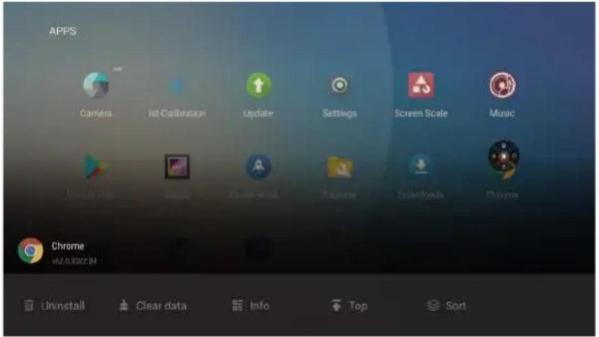 APPS Camera 1st Calibration Update Settings Screen Scale Music Chrome +02.0.3202.84 Uninstall Clear data Info Top Sort