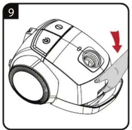 Line drawing of a vacuum cleaner with a red arrow indicating the handle (no text or symbols present)